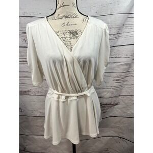 Express White Faux Wrap Belted Tunic Top Womens Large Puff Sleeve
